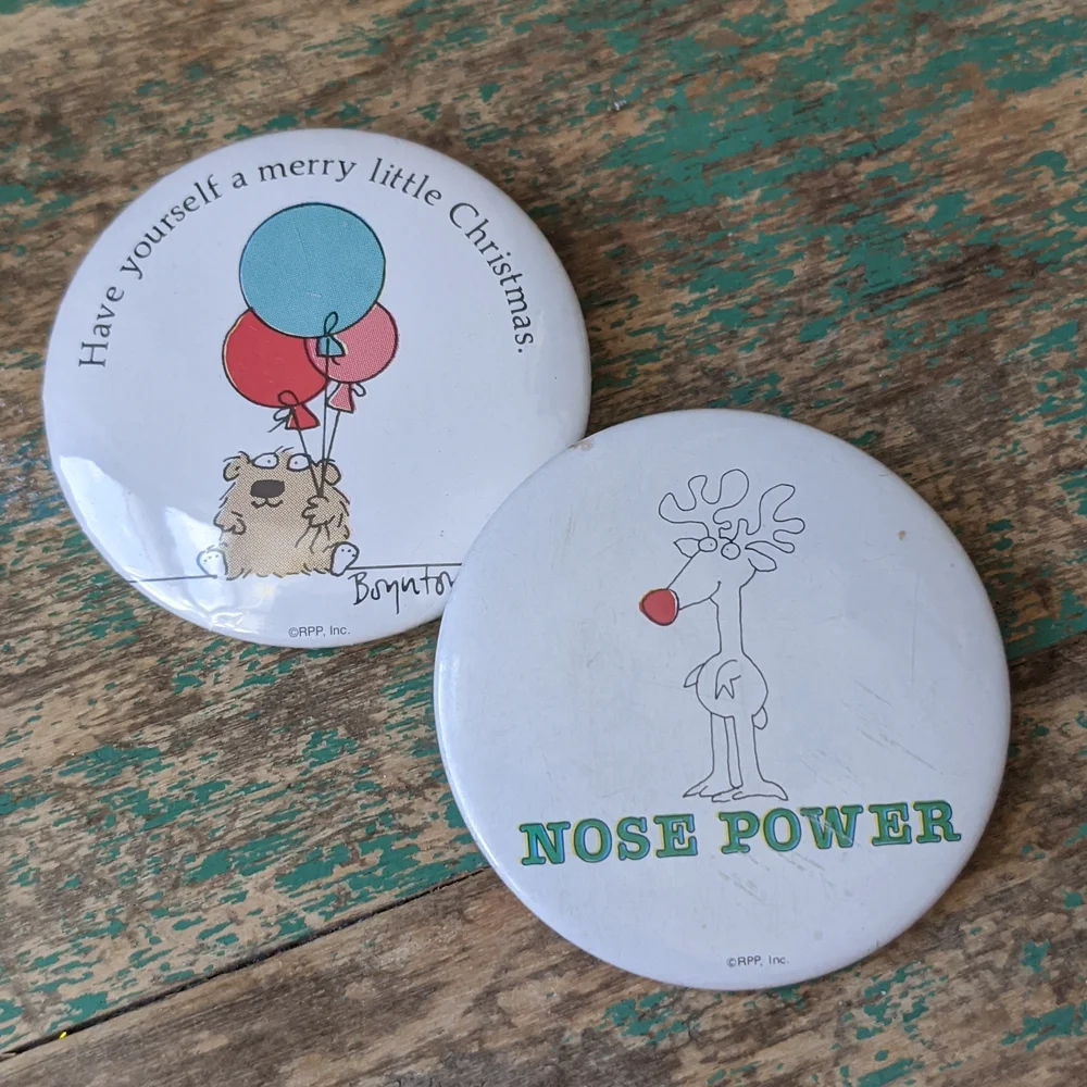 Vintage Sandra Boynton Christmas Holiday Pinback Buttons, lot of 2
